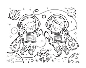 Boy & Girl Space Line art, Holding Bag Adventure Coloring Page, Astronaut Outline, Fun Kids Activity line art, children line art vector clipart, illustration.