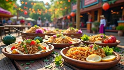Outdoor festival with asian cuisine displayed on wooden plates
