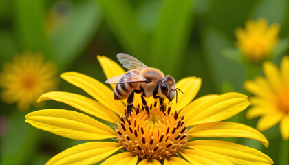Close-up of a bee sitting on a sunflower petal with vibrant yellow colors, observing nature on World Bee Day