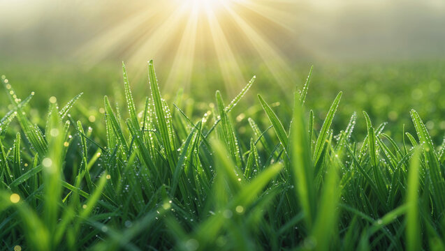 Fresh green grass glistens with morning dew in the warmth of the sun's radiant light.