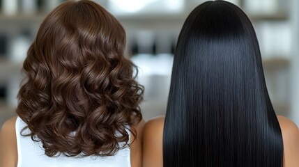 Fototapeta premium Side by side comparison of curly brown hair and straight black hair styles shown from behind, demonstrating different hair textures and professional salon results.