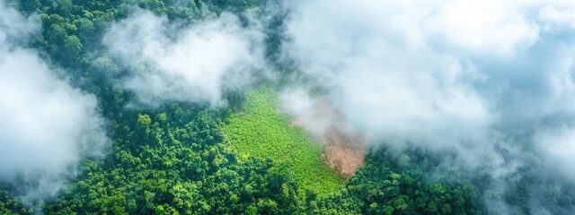 Lush Green Forest with Aerial View of Cloud Cover and Clearing