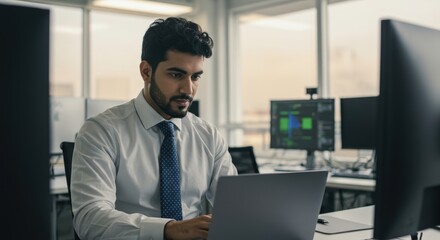 Office worker wearing glasses and concentrating on his laptop screen
