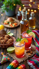 Fototapeta premium Colorful mexican cocktails with lime and spices on rustic table with festive decor