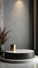 two-tiered marble and black product display platform with gold cylinder