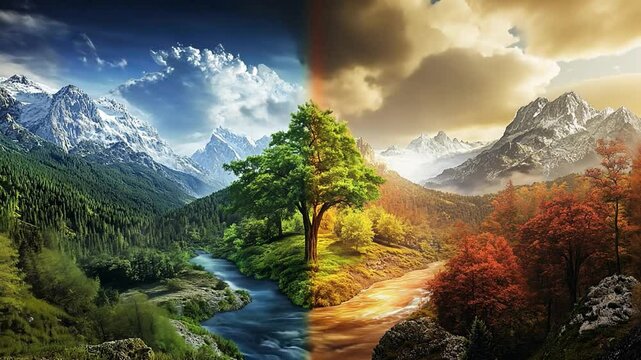 Seasonal Symphony: A vibrant split-screen landscape showcases the contrasting beauty of two seasons, with a lush green scene and a fiery autumn vista coming together around a central tree and river.