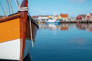 Historic wooden fishing schooner gliding on calm waters with vibrant coastal cottages in the background during a sunny day Generative AI