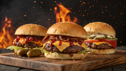 Delicious Juicy Cheeseburger with Fresh Vegetables on Wooden Table,
Close-Up of a Tasty Beef Burger with Lettuce, Tomato, Cheese, and Pickles,
Mouthwatering Gourmet Burger with Sesame Bun and Colorful