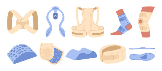 Orthopedic Kit. Corset for posture correction, orthopedic insoles, knee brace, pillow, insoles. Vector flat illustration set.