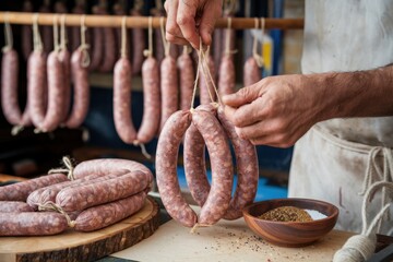 Traditional sausage making practices showcased in a rustic kitchen setting with an artisan preparing links by hand