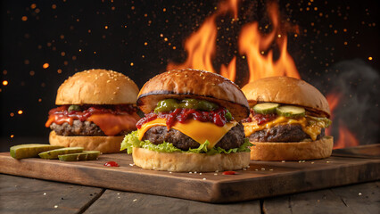 Delicious Juicy Cheeseburger with Fresh Vegetables on Wooden Table,
Close-Up of a Tasty Beef Burger with Lettuce, Tomato, Cheese, and Pickles,
Mouthwatering Gourmet Burger with Sesame Bun and Colorful