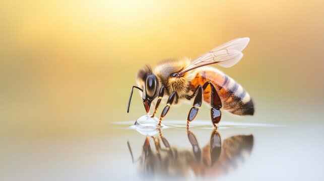 stock photo of close-up view of single bee drinking water from tiny droplet its delicate legs gripping smooth surface
