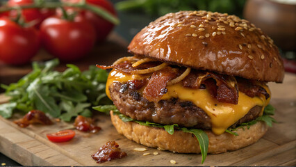 Delicious Juicy Cheeseburger with Fresh Vegetables on Wooden Table,
Close-Up of a Tasty Beef Burger with Lettuce, Tomato, Cheese, and Pickles,
Mouthwatering Gourmet Burger with Sesame Bun and Colorful