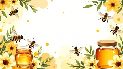 World Bee Day, with copy space on bright yellow background, honeycomb honey making, watercolor illustration.