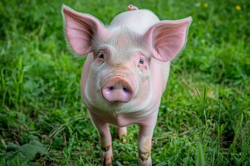 A playful piglet stands on lush green grass, with its ears perked up and snout curious. The sunny farm environment brings a cheerful vibe to the scene during midday