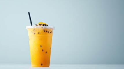 Refreshing tropical drink in clear cup, garnished with fruits an