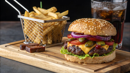 Delicious Juicy Cheeseburger with Fresh Vegetables on Wooden Table,
Close-Up of a Tasty Beef Burger with Lettuce, Tomato, Cheese, and Pickles,
Mouthwatering Gourmet Burger with Sesame Bun and Colorful