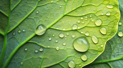 Fototapeta premium Close up of Green Leaf with Water Droplets