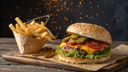 Delicious Juicy Cheeseburger with Fresh Vegetables on Wooden Table,
Close-Up of a Tasty Beef Burger with Lettuce, Tomato, Cheese, and Pickles,
Mouthwatering Gourmet Burger with Sesame Bun and Colorful