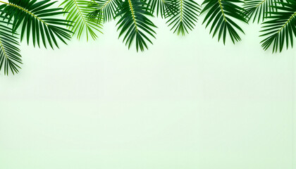 Obraz premium Tropical palm leaves border on light green backdrop, wedding decor