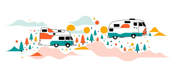 Naklejka premium colorful retro camping vans in whimsical landscape with vibrant hills symbolizing outdoor adventure and playful travel