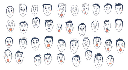 collection of expressive cartoon faces with varied emotions on white background symbolizing human feelings and emotional diversity
