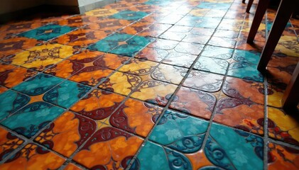 Fototapeta premium Intricate tile mosaic floor, geometric design, design, material, floor