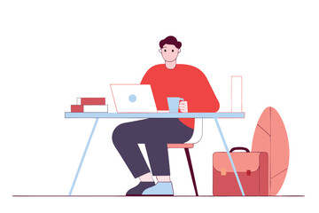 Remote Work Concept, Male Freelancer Working on Laptop, Modern Home Office, Productivity, Digital Nomad Lifestyle, Professional Workspace, Comfortable Work Setup