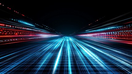 Fototapeta premium Abstract colorful light trails speeding in dark background, for digital art