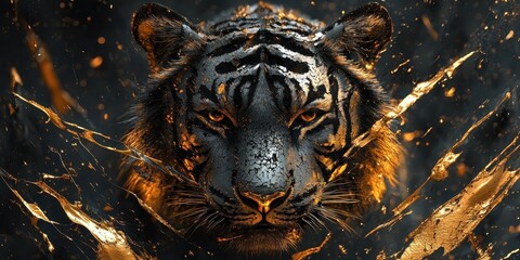 A striking digitally rendered tiger head with metallic gold accents