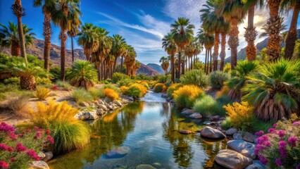Obraz premium desert oasis Lush landscape featuring palm trees, vibrant flowers, and a tranquil stream under a bright sky.