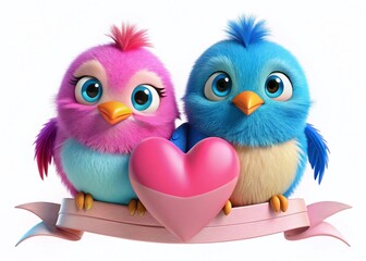Fototapeta premium Whimsical Birds with Heart Ribbon: Cute 3D Rendered Stock Photo for Valentine's Day, Love, and Romance