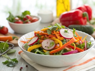 Colorful vegetable salad with fresh ingredients and vibrant presentation at a kitchen table