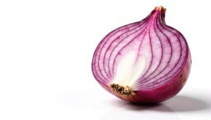 Close-up of red onion, showing layers and texture, on pure white background, culinary, botany