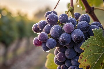Fresh grapes covered in morning dew hanging on vine in vineyard during sunrise