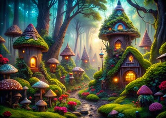 Obraz premium Whimsical Enchanted Forest Houses - Fantasy Urban Exploration Photography