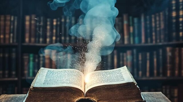 Magic unfolds from an open book in an old library filled with vintage books and the ambiance of knowledge at twilight