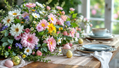 Large floral Easter table setting flower centerpiece with pastel eggs dishes teacups saucers teapot