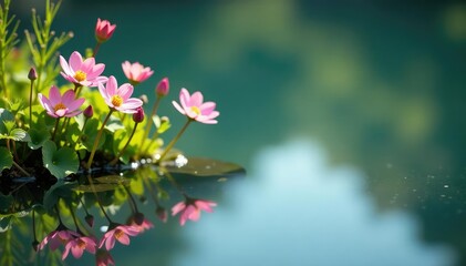 Delicate wildflowers reflected in glassy lake, creating floral design , countryside, mirror, lake reflection