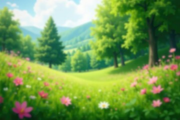 Obraz premium Blurred natural landscape, soft focus, dreamy effect, field, water, mountain