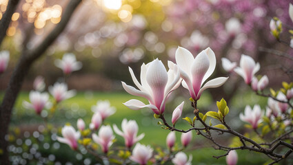 Fototapeta premium Two elegant magnolia flowers in full bloom create a soft and romantic springtime scene.