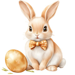Obraz premium watercolor of Charming Easter bunny with golden egg, wearing plaid bow tie, evoking joy and festivity