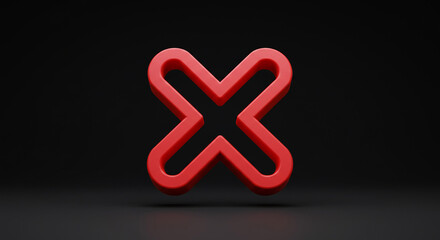 Obraz premium A bold red X symbol, representing rejection or cancellation, stands out against a dark background, conveying a sense of finality and decisiveness with a sleek, minimalist 3D design.