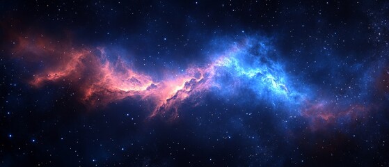 A long blue and red cloud of gas and dust in space