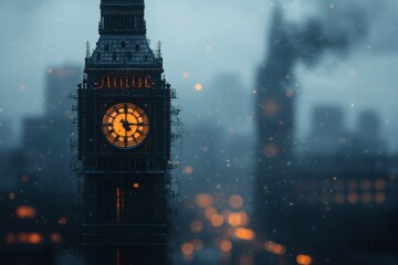 Steampunk Big Ben stands tall amidst a foggy London evening filled with intricate clockwork details Generative AI