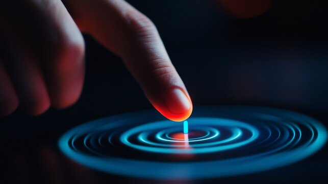 Finger activating a futuristic interface with ripple effect technology glow