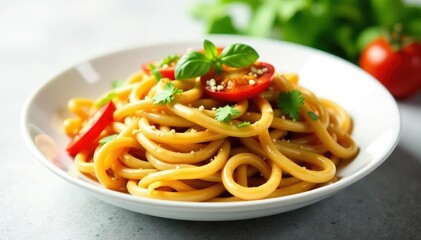 Stir-fried noodles with vegetables on white backdrop, wok, asian cuisine