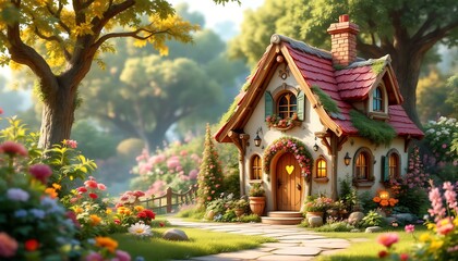 Charming Cottage in Vibrant Flower Garden Digital Art