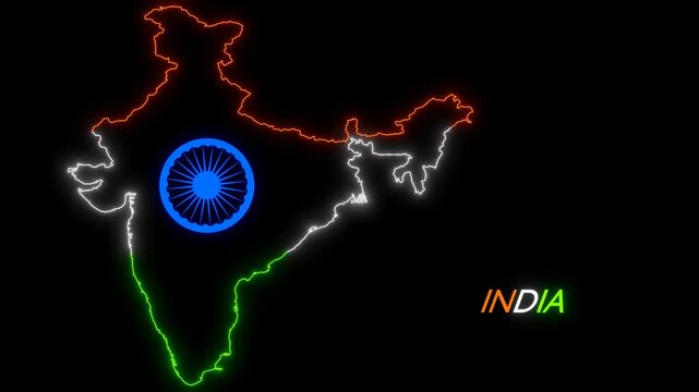 Indian map outline with tricolor glowing lines and animated endless rotating Ashoka wheel.4K