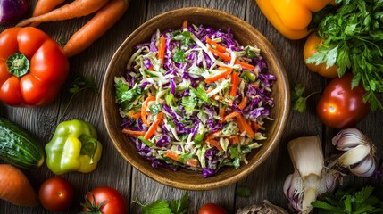 Vibrant close up of coleslaw salad with fresh vegetables and herbs on rustic wooden table